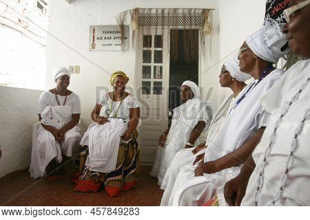 Salvador, Bahia, Brazil - February 12, 2016: Candomble Member During A Religious Meeting In The City