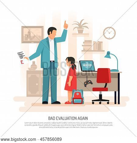 Parenting Child Rearing Flat Composition Poster With Dad And Schoolgirl Discussing Primary School Te