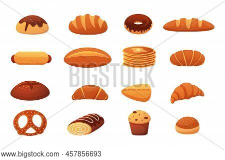 Assortment Bread. Bakery Isolated Elements, Fresh Bun, Wheat Loaf And Baguette, Cereal Toast. French