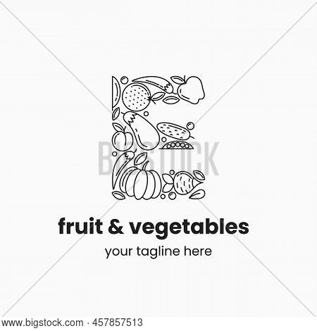 Letter E Made Of Fruit And Vegetables. Organic Food Logo Concept. Stock Vector Illustration.
