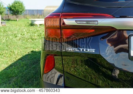 Tyumen, Russia-june 17, 2022: Kia Seltos Logo Close Up On Car. Kia Motor Corporation Kia Automobile 