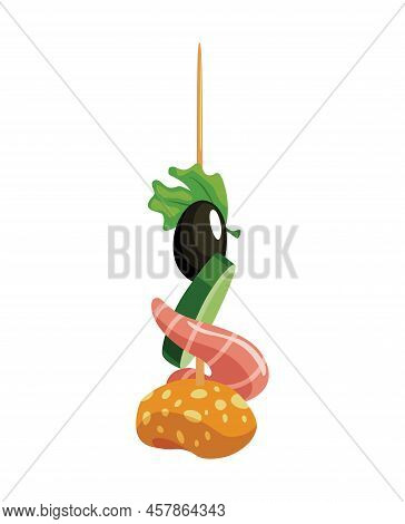 Canape Of Appetizer With Toppings. Snack For Party, Cold Food On Wooden Stick. Canape For Buffet, Ic