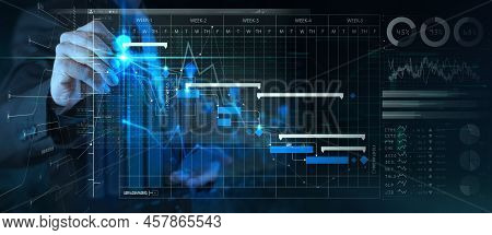 Businessman Hand Project Manager Working And Update Tasks With Milestones Progress Planning And Gant