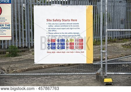 Construction Site Health And Safety Message Rules Sign Board Signage On Fence Boundary