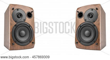 Music Speakers On White Background. Audio Technica. Bookshelf Speaker System For Home Entertainment.