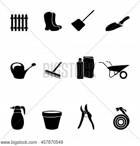 Garden Icons Set. Watering Can, Wheels, Rubber Bands, Rake, Fence, Sprayer, Shovel...