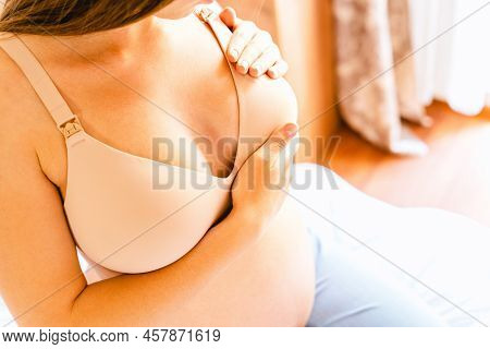 Breast Self Exam Pregnancy Woman Check. Happy Young Pregnant Woman Self Exam. Cancer Self Check. Hea