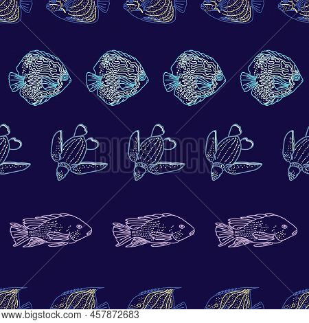 Horizontal Marine Seamless Pattern. Vector Illustration Of Tropical Fish And Turtle Drawn By Hand. I