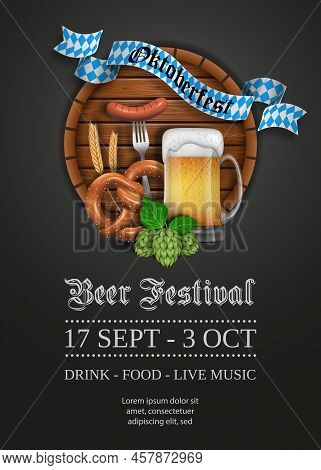 Oktoberfest Poter With Pretzel, Beer Mug, Sausage And Wooden Barrel. Beer Festival Background