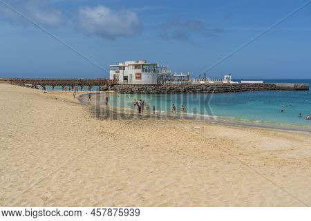 Sal Island, Cape Verde - June 22.2022: People At The Sandy Beach At Santa Maria Beach On Sal Island 