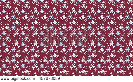 Seamless Botanical Pattern With Small Delicate White- Blue Daisy Flowers Isolated On A Dark Brown Ba