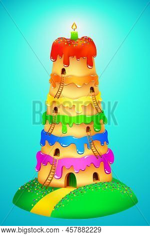 Rainbow Cake With Colorful Cream And Sugar Dragees. Sweet Lighthouse Cake With Windows, Ladders And 