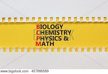 Bcpm Biology Chemistry Physics Math Symbol. Concept Words Bcpm Biology Chemistry Physics Math On Yel