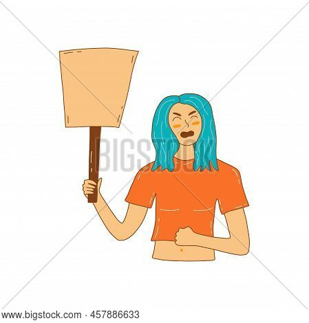 Protesting Girl Screams, Holding Banner. Empty Placard, Poster. Demand For Justice, Peace And Freedo
