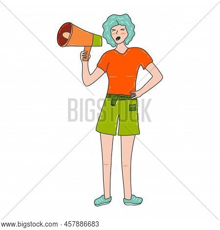 Protesting Girl Screams Into A Bullhorn. Loudspeaker In Hand. Demand For Justice, Peace And Freedom.