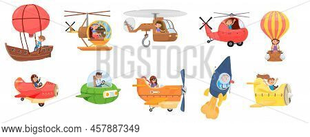 Children Fly In Air Transport. Kid Aviator In Airplane And Helicopter, Travel Boys And Girls. Cartoo