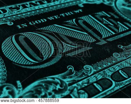 American Paper Money. 1 One Us Dollar Banknote. Word One Closeup. Dark Turquoise Inverted Background