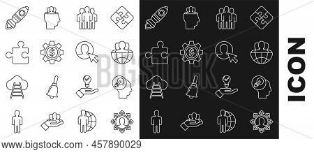 Set Line Project Team Base, Human Head With Lamp Bulb, Globe And People, Users Group, Gear Dollar Sy