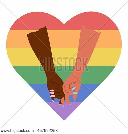 Lgbt Couple Or Family Of Different Skin Holding Hands.  Wedding In Lgbti Community. Human Arms With 