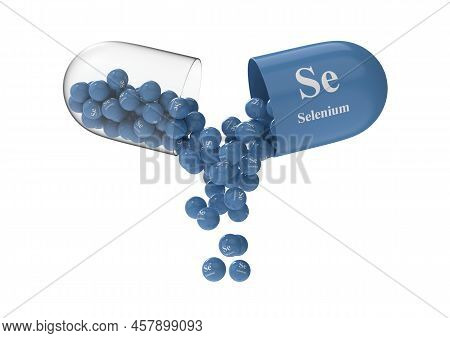 Open Capsule With Selenium From Which The Vitamin Composition Is Poured. Medical 3d Rendering Illust
