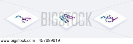 Set Isometric Line Walking Stick Cane, Walker And Wheelchair. White Square Button. Vector