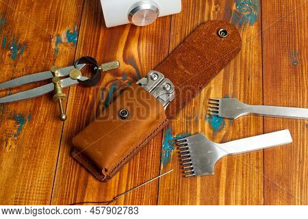 Leather Multitool Pouch And Leather Sewing Tools, Handmade Leather Multitool Pouch For Camping.