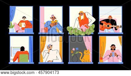 Neighbors And Pets In House Windows At Night. Vector Flat Illustration Of People In Apartments Work 