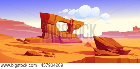 Arizona Desert Landscape, Wild West Background With Golden Sand Dunes And Stones Under Blue Sky. Dry