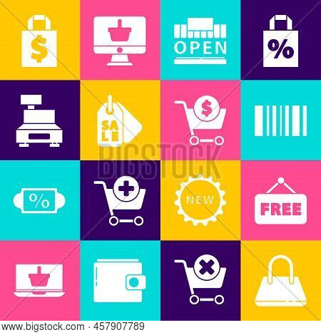 Set Handbag, Price Tag With Text Free, Barcode, Shopping Building Open, Sale, Cash Register Machine,