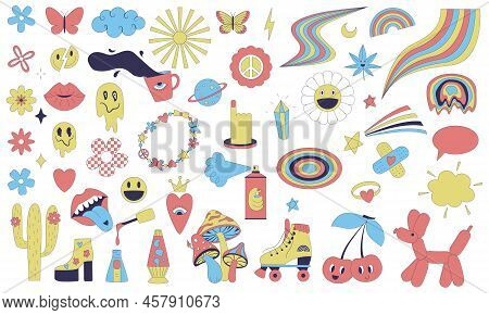 A Set Of Y2k Stickers With Funny Trending Funky Cartoon Surreal Elements, Rainbow, Smiley Face, Mush