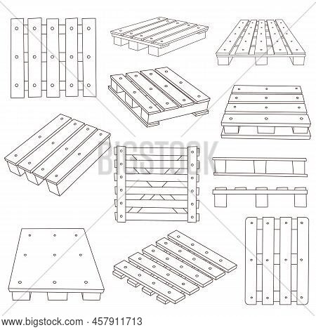 Set Of Wood Pallets In Line Vector Illustration Isolated On White Background