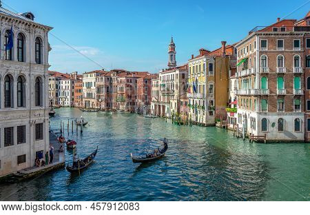 Venice, Italy - May 25 2018: The Grand Canal Looking North From Rialto Bridge.