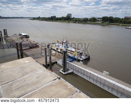 Antwerp, Belgium, 02 July 2022, Aerial View Of The Landing Stage Of The Ferry On The Right Bank In A