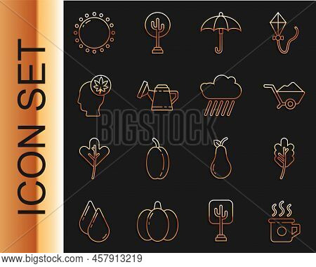 Set Line Cup Of Tea, Leaf Or Leaves, Wheelbarrow With Dirt, Umbrella, Watering Can, Human Head Leaf,