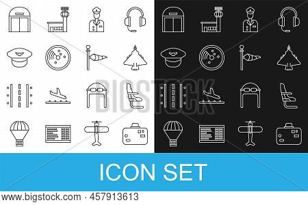 Set Line Suitcase, Airplane Seat, Jet Fighter, Pilot, Radar With Targets On Monitor, Hat, Aircraft H