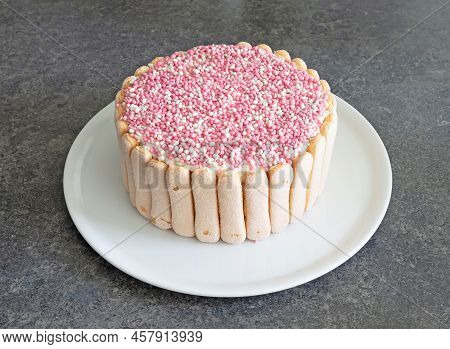 Typical Dutch Mouse Rusk With Pink Mice On A Cake, For Baby Girl Shower