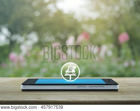 Service Fix Motorcycle With Wrench Tool Flat Icon On Modern Smart Mobile Phone Screen On Wooden Tabl