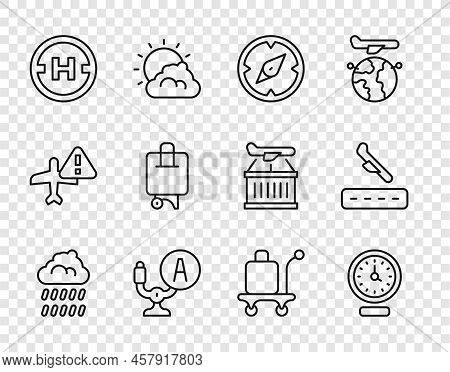Set Line Cloud With Rain, Clock, Compass, Aircraft Steering Helm, Helicopter Landing Pad, Suitcase, 