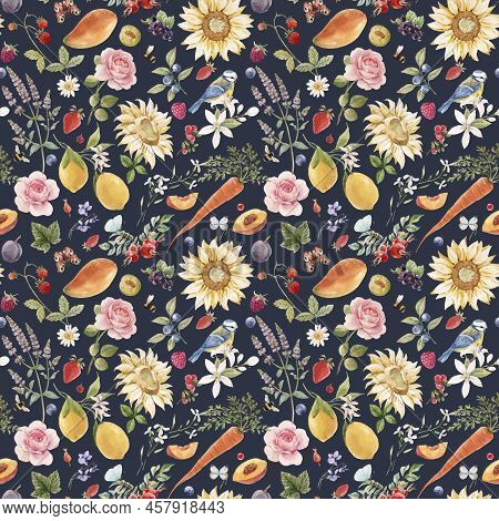 Beautiful Vector Autotraced Seamless Summer Pattern With Watercolor Flowers And Lemon Pear Orange Ma