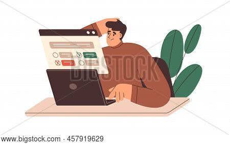 Upset Person Passing Online Test At Laptop, Checking Knowledge. Bad Result, Mistake, Choice Of Wrong