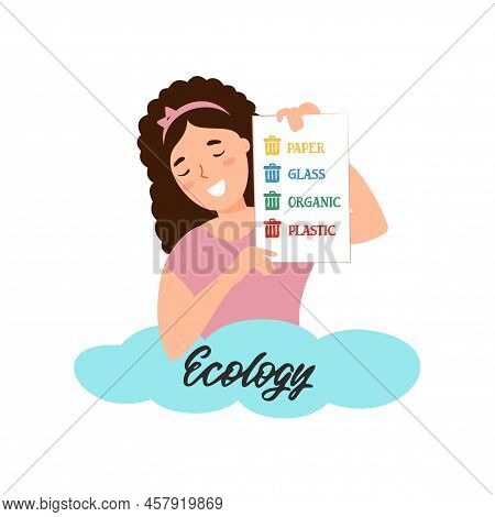 This Is A Cartoon Girl Holding A Garbage Waste Rule At The Lesson On Ecology. School Illustration