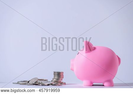 Save Money And Account Banking For Finance Concept, Piggy Bank With Coin On Blurred Background, Save