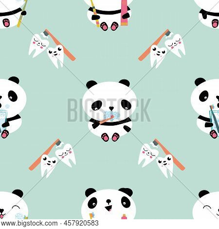 Kawaii Panda Kids Dental Health Care Vector Educational Seamless Pattern Background. Cute Cartoon Be