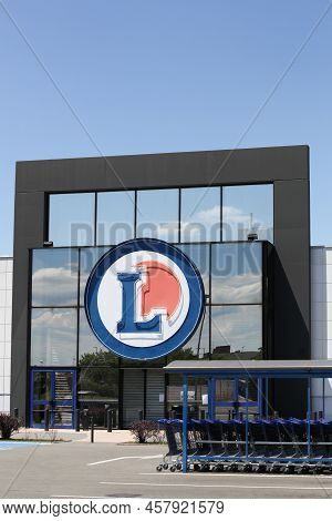 Roanne, France - May 31, 2020: Entrance Of Leclerc Supermarket. Leclerc Is A French Hypermarket Chai
