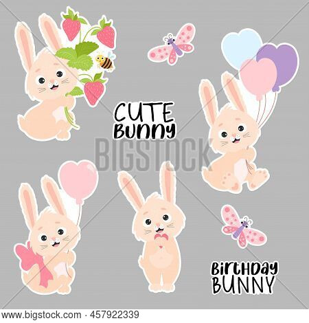 Digital Birthday Stickers Bunnies. Cute Rabbit With Strawberries And Bee, With Balloons, Butterfly A