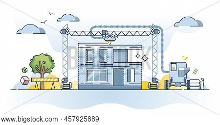 3d Or Three Dimensional Printed House Construction Technology Outline Concept. Modern, Cheap And Eff