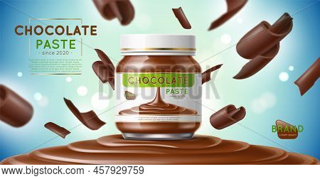 Chocolate Product Poster. Realistic Jar With Cocoa Butter Or Paste, Flying Chocolate Pieces, Sweet D