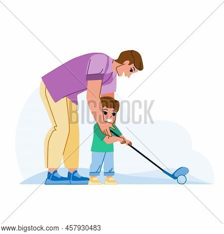 Father Son Golf Vector. Parent Children Play, Child Course Young Club Father Son Golf Character. Peo