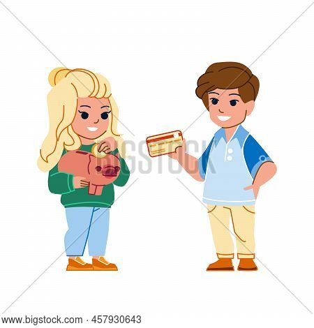 Kid Bank Vector. Money Family Finance, Girl Boy, Parent Save Piggy, Credit Card Kid Bank Character. 