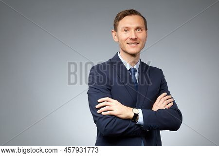 Photo Realistic Digital Collage Of Confident Businessman With  Artificial Face Looking At C
